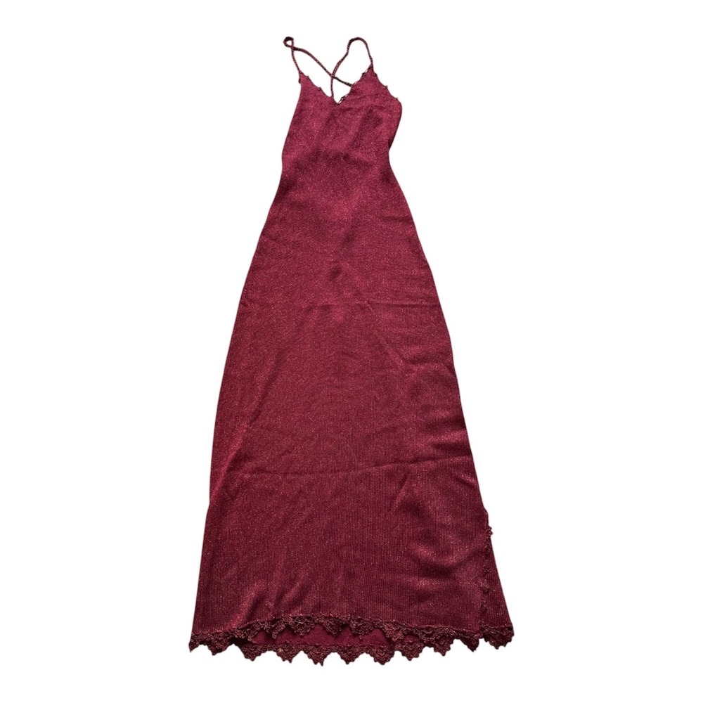 Burgundy Metallic Knit Maxi Dress Crochet Lace Trim Lace Up Back Wine Red Gown